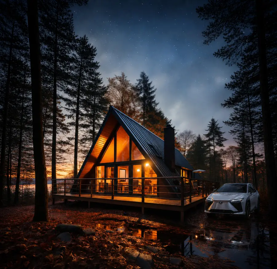 The Lexus RZ 450e at a lakeside cabin campsite at night
